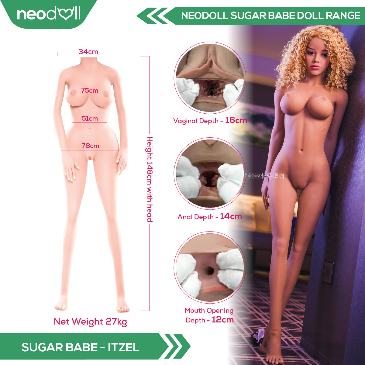 Neodoll Sugar Babe - Itzel - Poupée de Sexe Réaliste - Utérus - 148cm - Bronzer