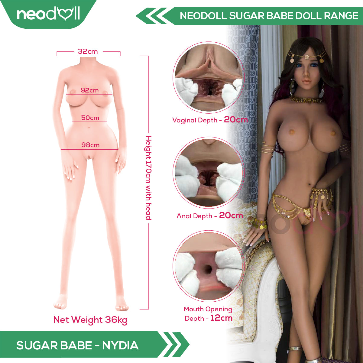 Neodoll Sugar Babe - Nydia - Poupée de Sexe Réaliste - Utérus - 170cm - Bronzer