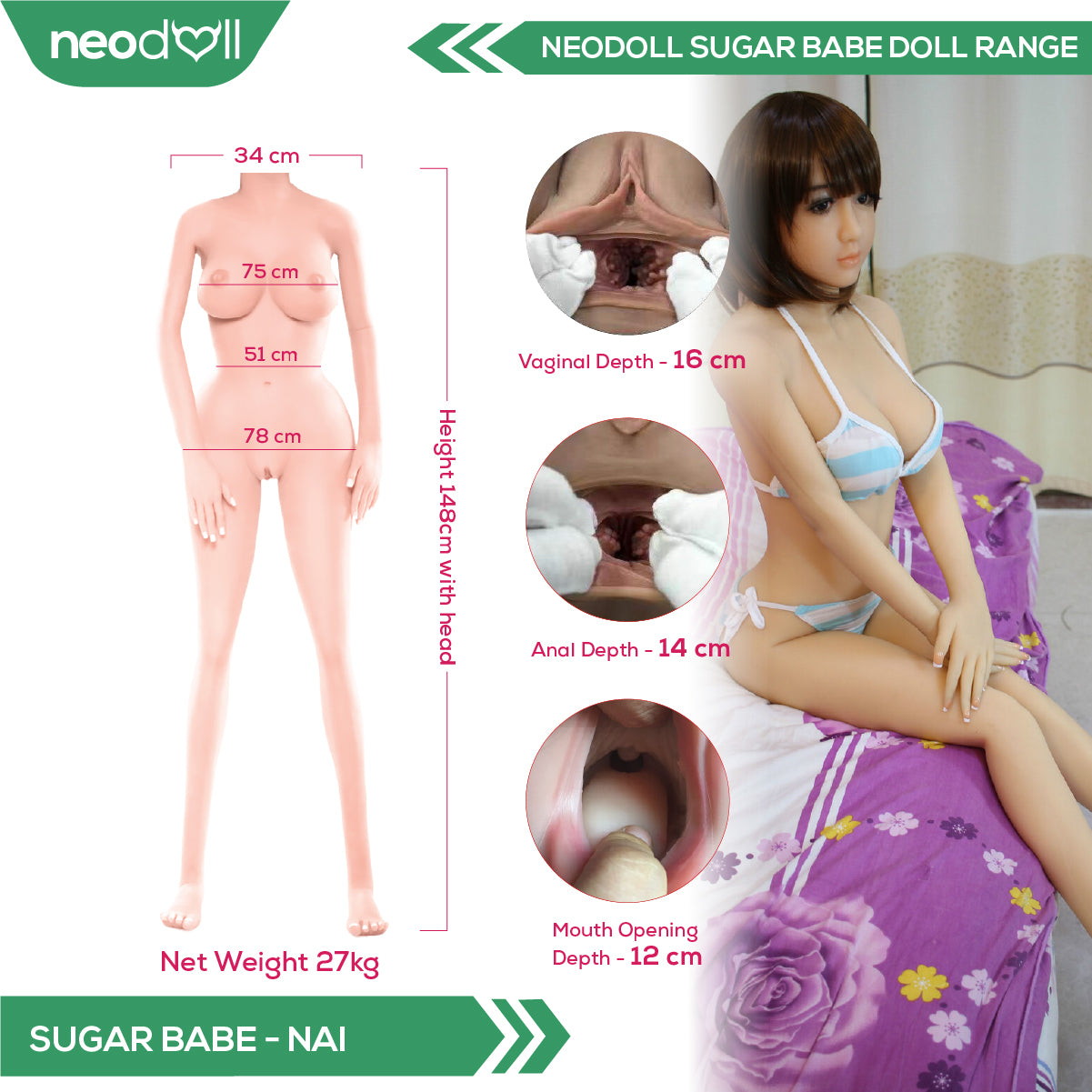 Neodoll Sugar Babe - Nai - Poupée de Sexe Réaliste - 148cm - Gel Sein - Utérus - Naturel