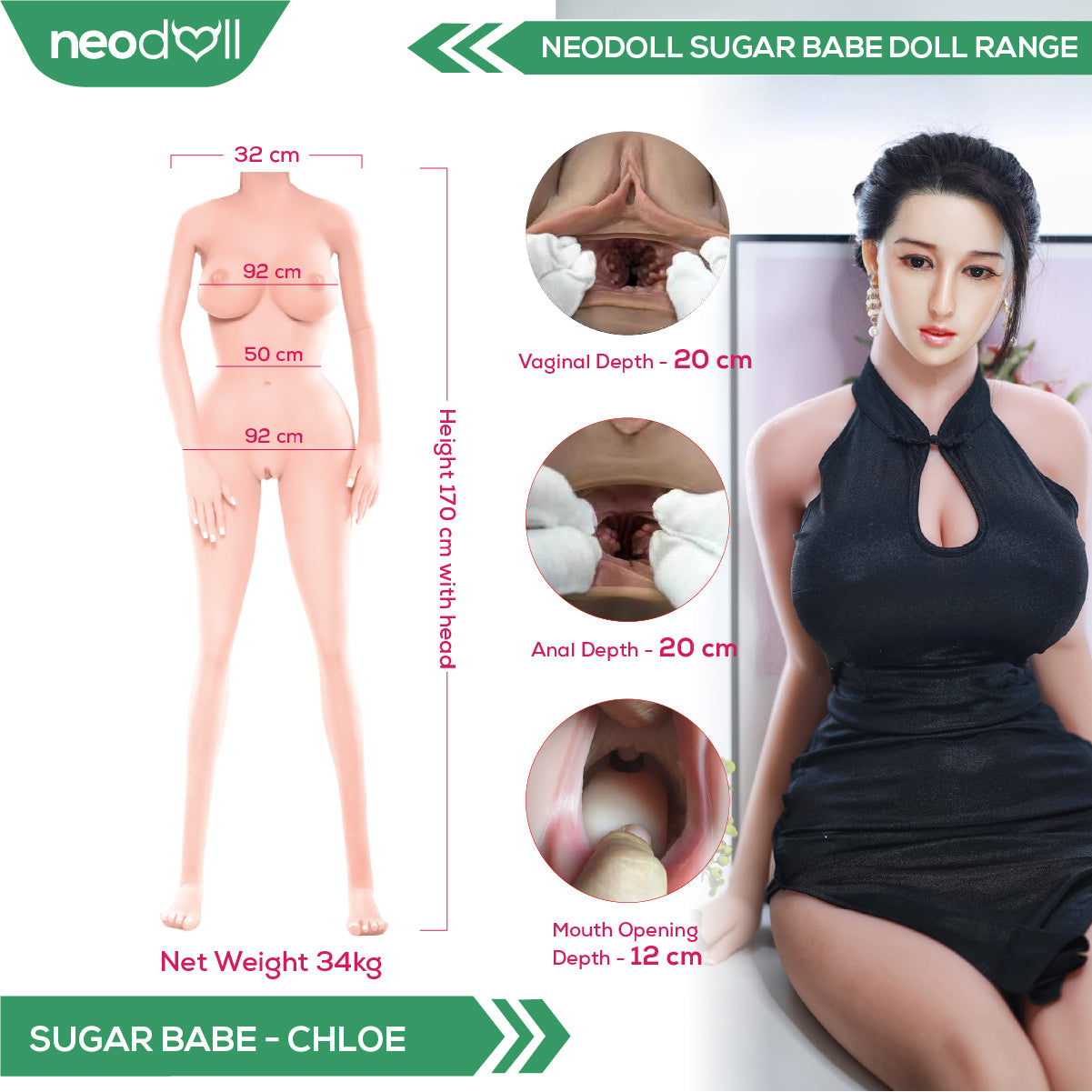 Neodoll Sugar babe - Chloe - Poupée de Sexe Hybride en TPE Silicone - 170cm - Gel Sein - Utérus - Naturel