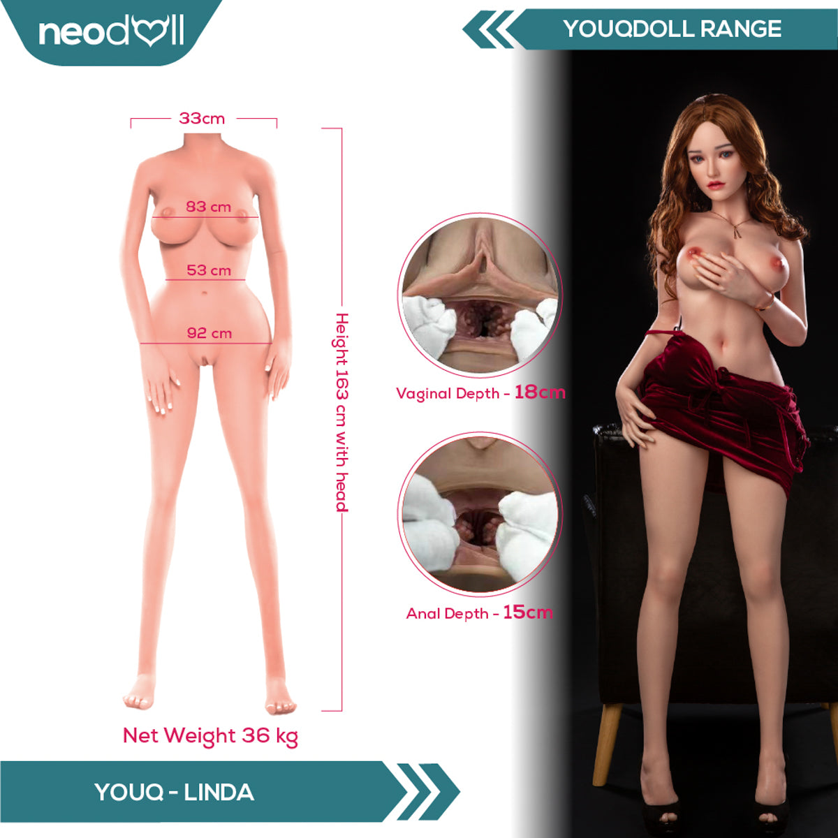 Youqdoll - Linda - Poupée de Sexe Entièrement en Silicone - 163cm - Cheveux Implémentés - Gel Sein - Naturel