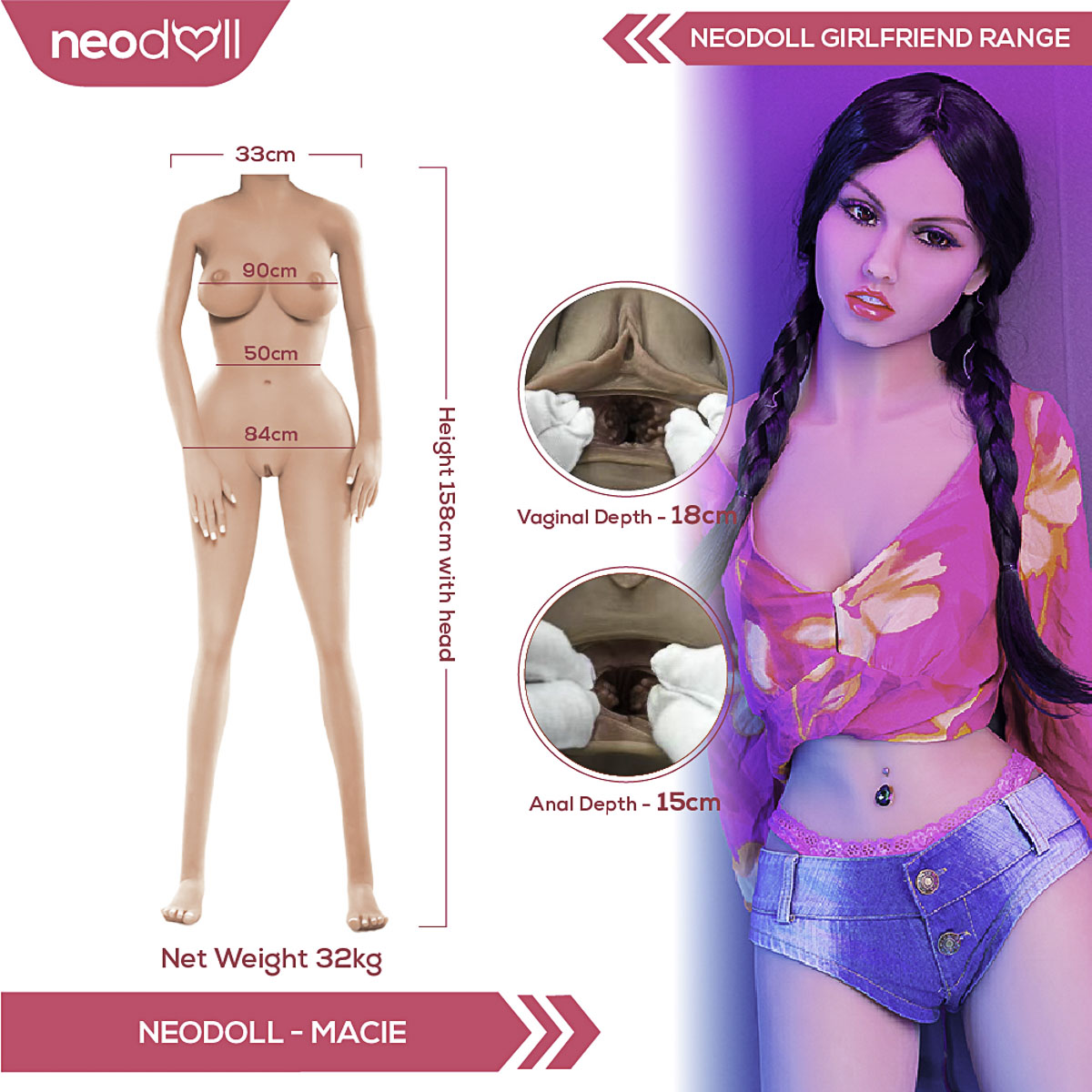 Neodoll Girlfriend Macie - Poupée de Sexe Réaliste - 158cm - Gel Sein - Bronzer