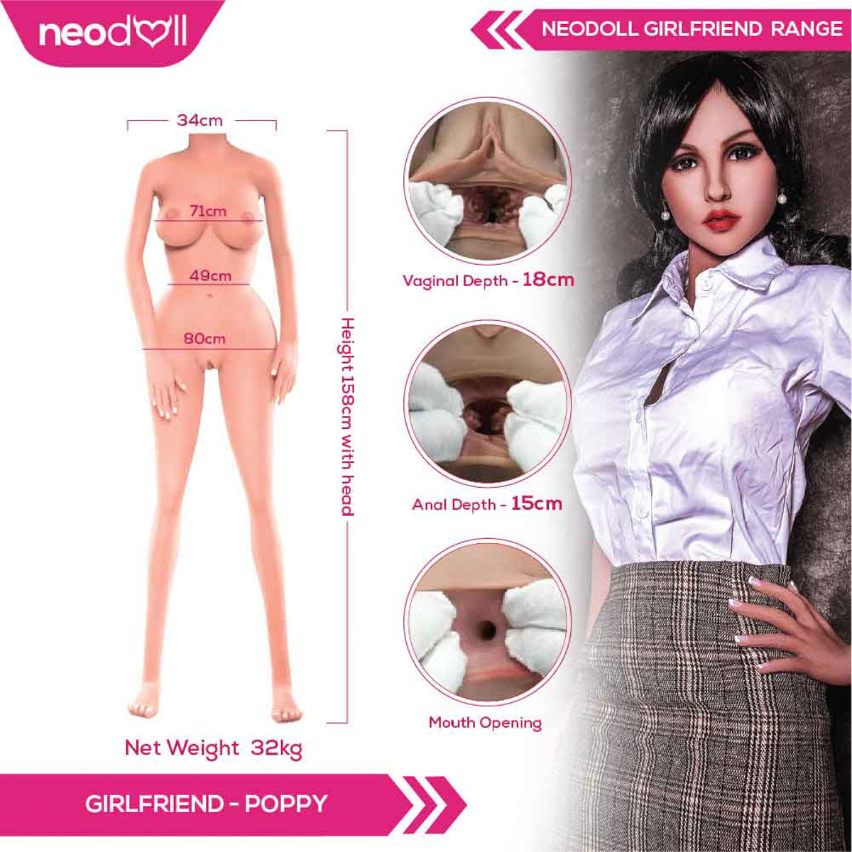 Neodoll Girlfriend Poppy - Poupée de Sexe Réaliste - 158cm - Gel Sein - Bronzer