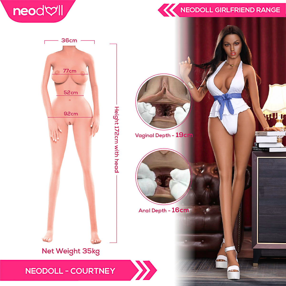 Neodoll Girlfriend Courtney - Poupée de Sexe Hybride en TPE Silicone - 172cm - Cheveux Implémentés - Gel Sein - Bronzer