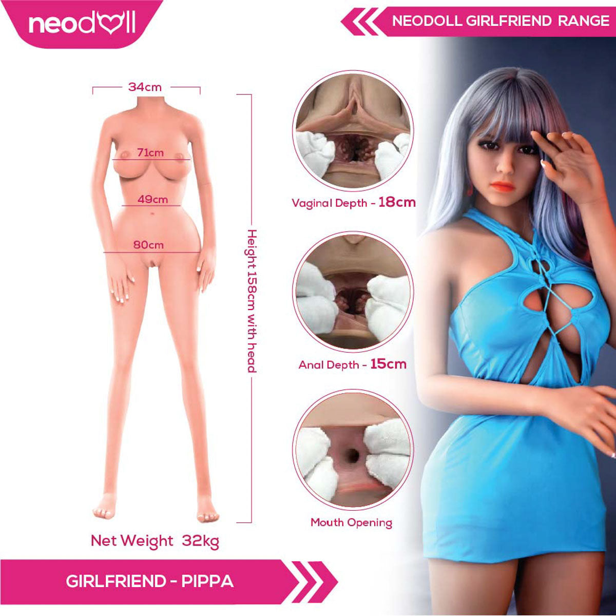 Neodoll Girlfriend Pippa - Poupée de Sexe Réaliste - 158cm - Gel Sein - Bronzer