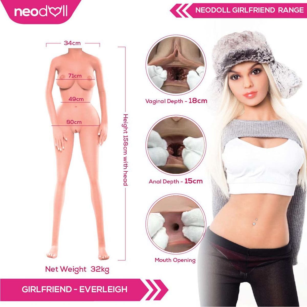 Neodoll Girlfriend - Everleigh - Poupée de Sexe Réaliste - 158cm - Gel Sein - Bronzer